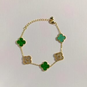 Pulsera de Tréboles verdes y Brillantes en Rodio